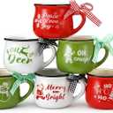 Potchen 6 Pcs Christmas Coffee Mugs 5 oz Mini Ceramic Mug Gift Holiday Hot Cocoa Christmas Cups with Ribbons for Home Tiered Tray Decor Xmas Holiday Kitchen Bar Decorations Friend Farmhouse