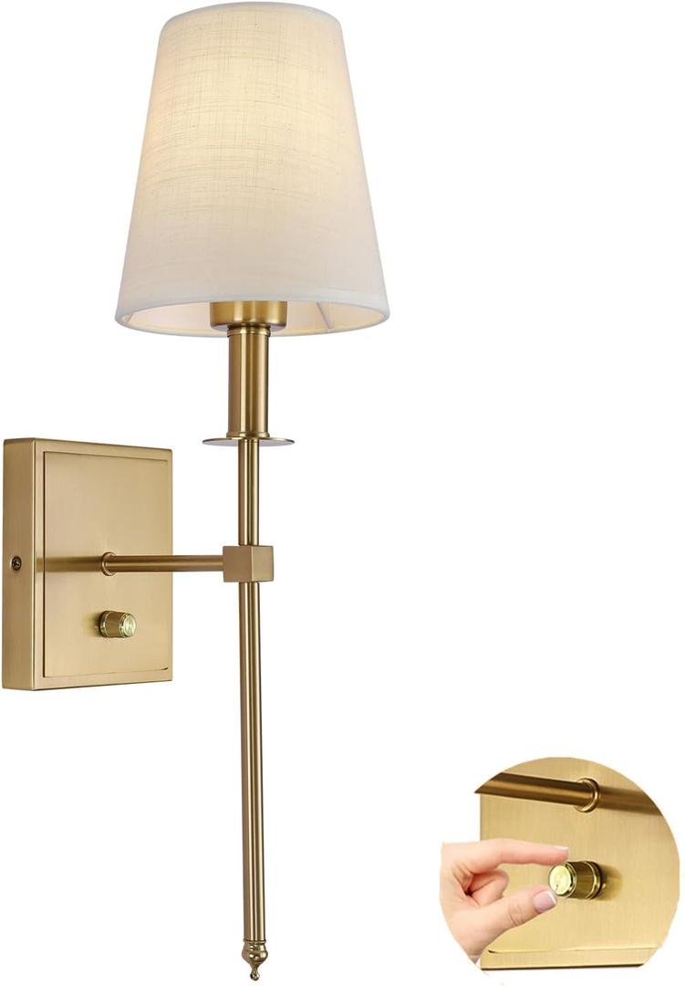 Gold Wall Sconce Lighting Modern Wall Sconce, Modern Bathroom Vanity Light Fixture Dimmable with On Off Dimmer Switch Linen Fabric Shade for Living Room Hallway Bedroom (1 Pack)