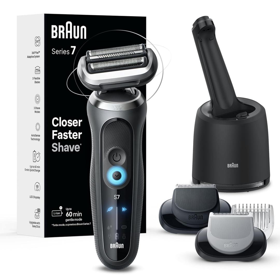 Braun Electric Shaver for Men, Series 7 7177cc, Wet & Dry Shave, Turbo & Gentle Shaving Modes, Waterproof Foil Shaver, Space Grey (10 Piece Set)