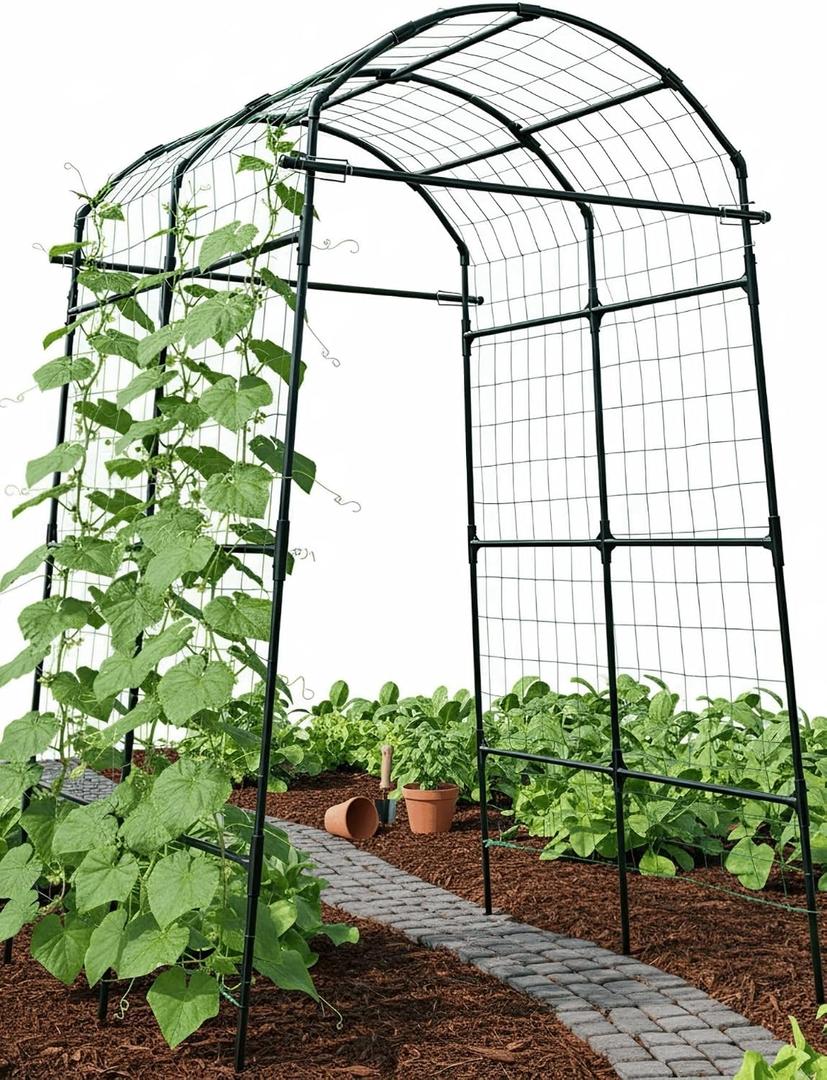 Garden Trellis Arch 7FT PP-Coated Stainless Steel Metal Extra Tall Cucumber Trellis Arch Garden Arch Trellis for Climbing Plants Outdoor Vegetable Trellis with Trellis Netting