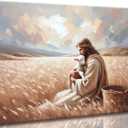 Jesus And Lamb Canvas Wall Art Christ Jesus Finds The Lost Lamb The Shepherd Painting Picture Wall Decor Religious Beliefs Poster Print Artwork for Living Room Bedroom Church Home Decoration (24"L x 16"W)