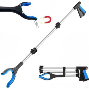 FitPlus 2024 Upgrade PowerGrip T9, Grabber Reacher Tool, Wide Jaw, Foldable, Steel Cable, with 96 Grip Points for Firm Grip, 36" with Magnet (Blue, 36 Inch)
