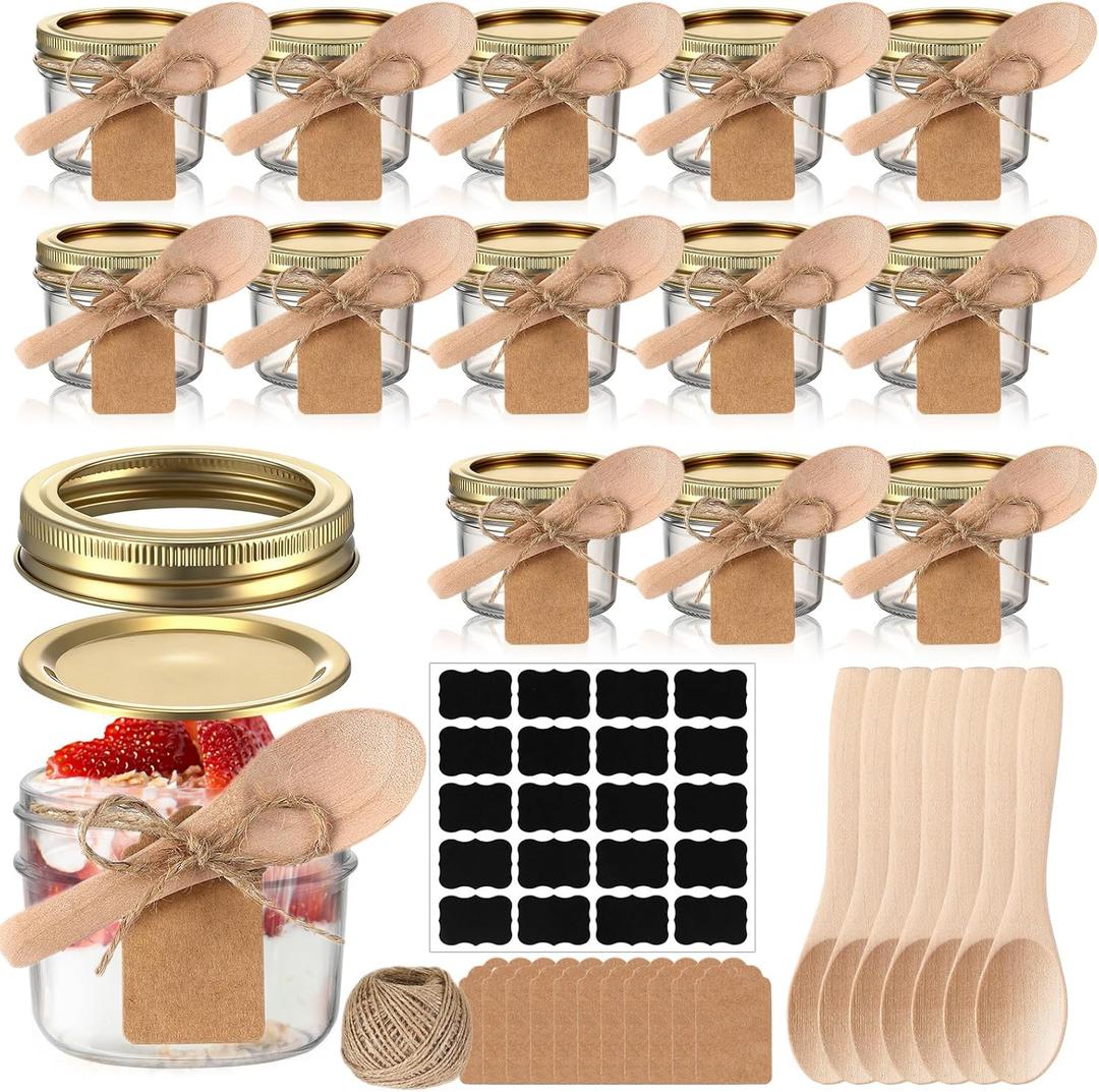 Baderke 20 Set Mini Mason Jars with Wood Spoon 4 oz Mini Jam Jars with Lids and Labels, Small Glass Canning for Jelly Spice Herbs Honey Storage Bridal Shower Wedding Favors DIY Candles (Gold)