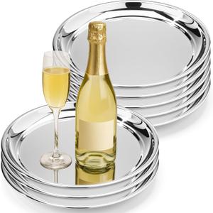 Lounsweer 8 Packs Round Silver Mirror Decorative Tray 10 Inch Diameter Stainless Steel Metal Serving Tray Dinner Plate Round Stainless Trays Mirrored Finish Circular Bar Platter for Vanity Kitchen