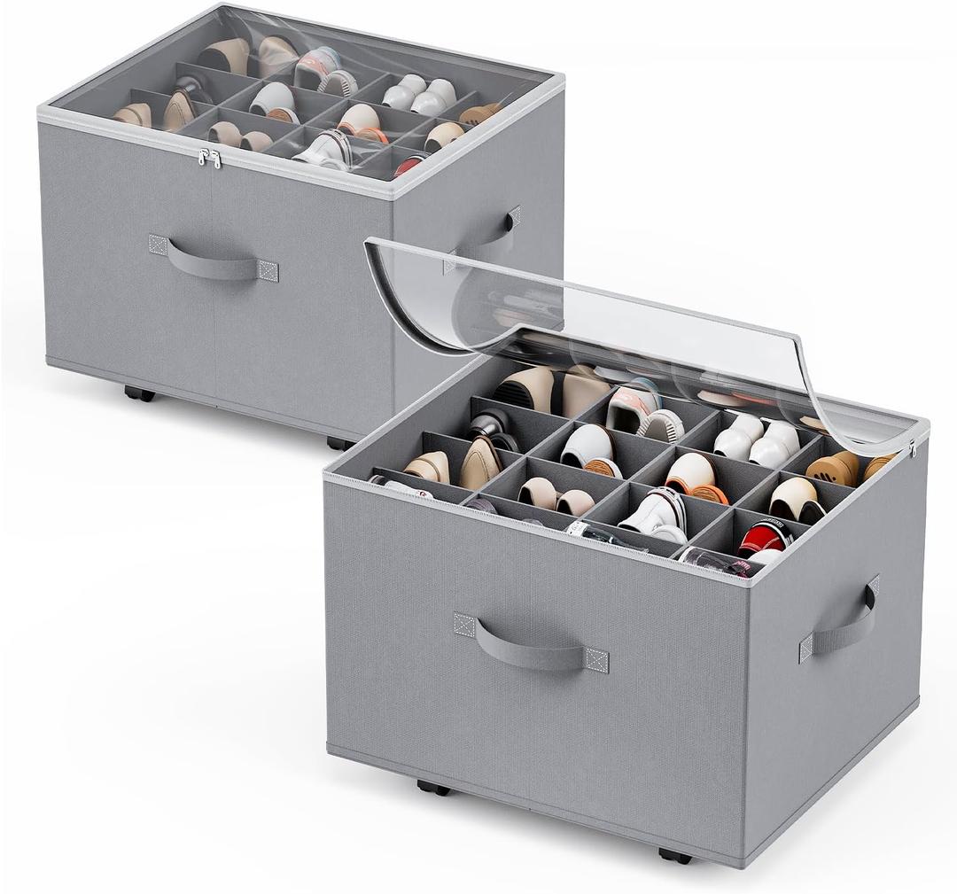 HOUSE AGAIN Shoe Organizer for Closet, 2 Pack Shoe Storage Organizer with Wheels, Foldable Shoe Storage Box with Adjustable Dividers and Clear Cover, Reinforced Handles, Fits up to 16-32 Pairs, Gray