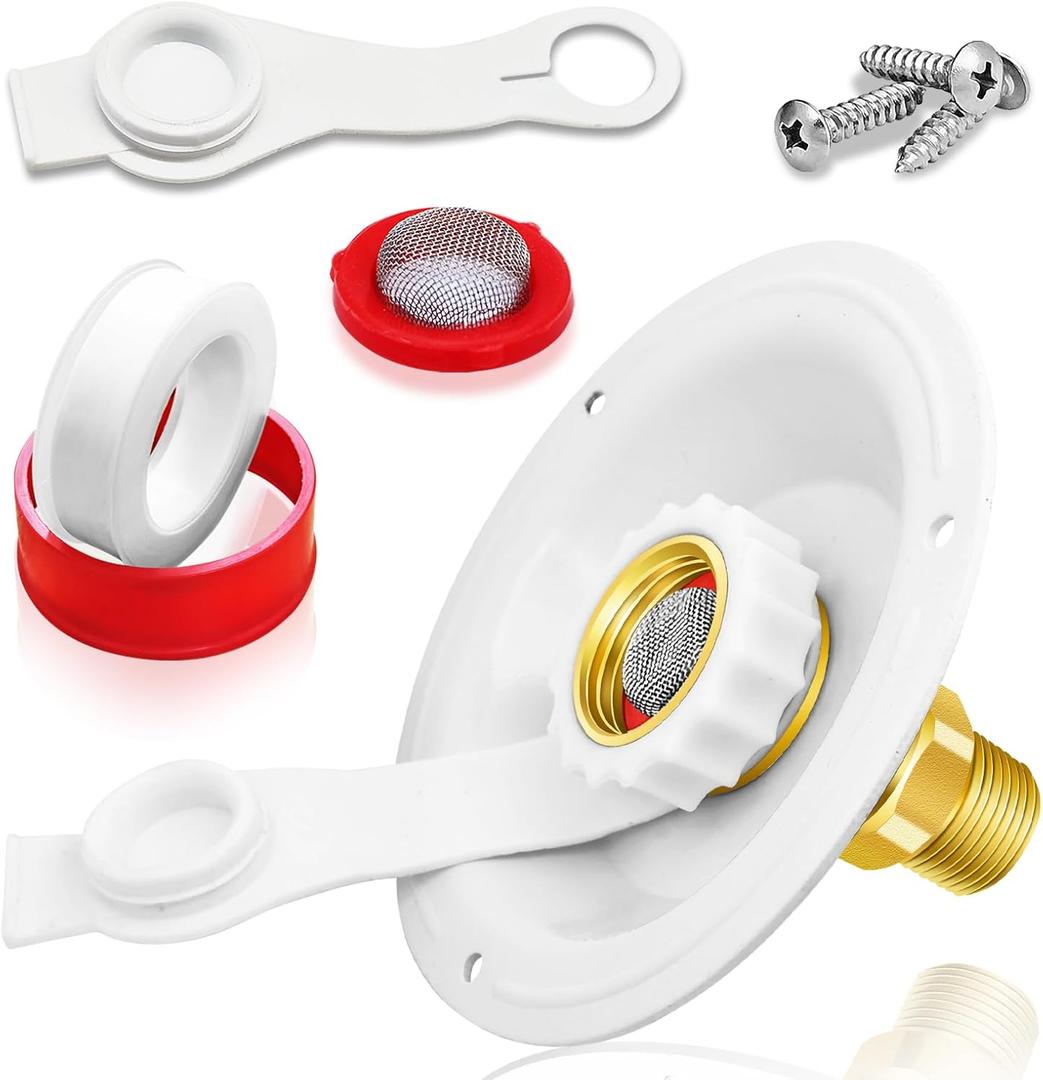 RV City Water Inlet with Check Valve, RV Water Fill Inlet Connection with 3/4 NH Female to 1/2 NPT Male Lead-free Brass City Water Inlet Flange for RV, RV Water Inlet Replacement (White Big Flange)