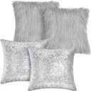 Irenare 4 Pcs Sequin and Fluffy Pillow Covers Winter Throw Pillow Cases Soft Cushion Cover for Couch Bed Sofa Xmas Day(18 x 18 Inch,Silver, Gray)