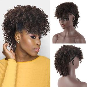 SCENTW Afro Puff Mohawk Ponytail Jerry Curly Non Drawstring Ponytail Clip in Synthetic Fauxhawks Afro Puff Bun with Bangs Short Afro Kinky Curly Hair Bun Warp Hair Extensions with 6 BB Clips