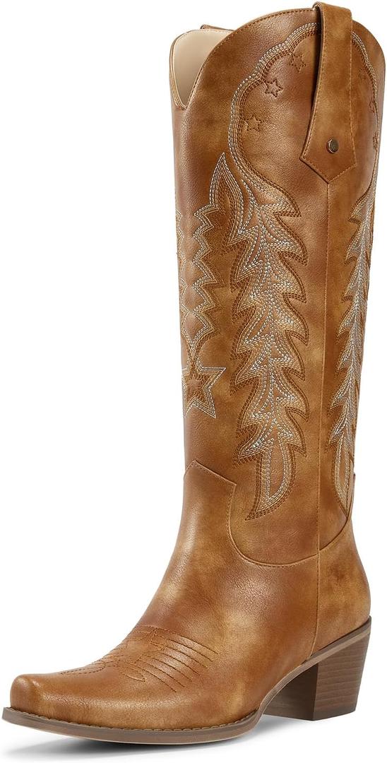 wetkiss Cowboy Boots for Women Knee High Cowgirl Boots Retro Embroidered Chunky Heels Pointed Toe Western Long Tall Boot Pull On (7.5, Brown)
