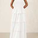 PRETTYGARDEN Women's Maxi Dress 2025 Summer Off Shoulder Smocked Tiered Ruffle Long Flowy Dresses Casual Beach Sundress (White,Large) (White, L)