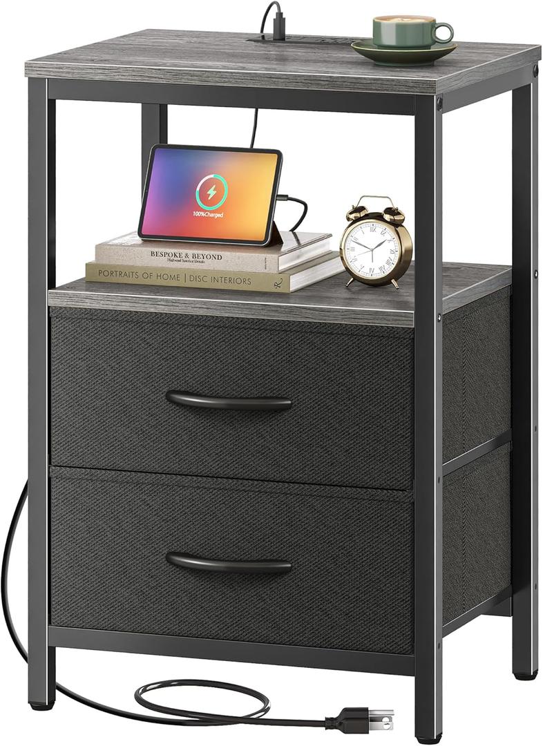Huuger Nightstand with Charging Station, Side Table with Fabric Drawers, End Table with Open Shelf, Bedside Table with USB Ports and Outlets, Night Stand for Bedroom, Charcoal Gray | with Open Shelf, for Bedroom (11.8"D x 15.7"W x 23.6"H (2 Drawers))