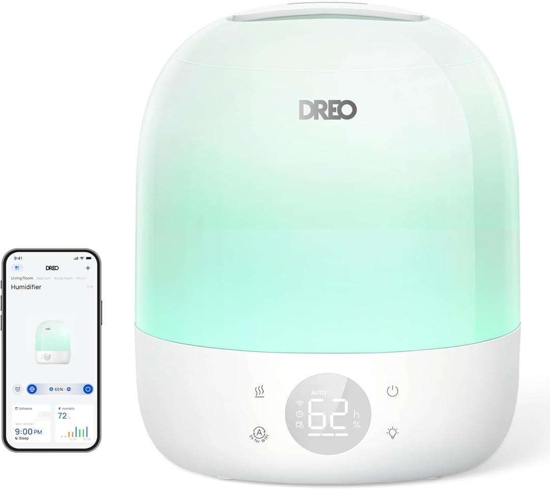 DREO Humidifiers for Bedroom - 30H Max Runtime & RGB Night Light & Sleep Trainer, Ultra Quiet 28dB Cool Mist Humidifier, Top Fill Smart Air Humidifier for Plants, Perfect for Baby & Nursery, HM409S (White)