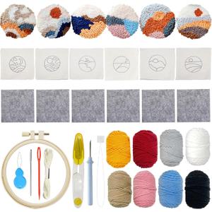 Allazone 6 PCS Punch Needle Coaster Kit with Landscape Patterns Yarns Tools, Felt Embroidery Hoop for DIY Craft