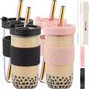 Reusable Glass Mason Jars Cups with Lids and Straws Silicone Sleeves, 4 Pack 24Oz Wide Mouth Smoothie Cups Glass Bubble Tea Cup, Leakproof drinking glasses Water Bottle Travel Tumbler for Large Pearl (Black & Rose Pink)
