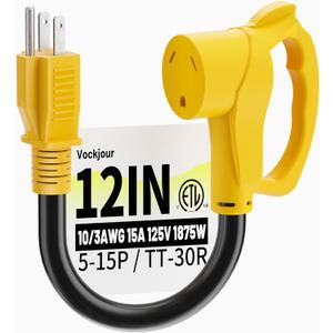 30 Amp to 110 Rv Adapter 3 Prong 12 Inch, NEMA 5-15P Male to NEMA TT-30R Female, Heavy Duty RV Electrical Adapter Cord for Camper, STW 10AWG 15A 125V 1875W, Yellow, ETL Listed