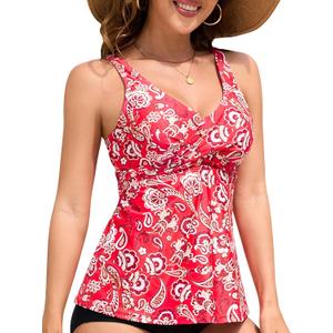 ANFILIA Womens Tankini Top Twist V Neck Bathing Suit Top Flowy Padded Swimsuit Top Swim Tank Top Only (L)