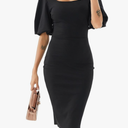 Womens Summer Dresses Square Neck Lantern Sleeve Bodycon Pencil Midi Dress XXL