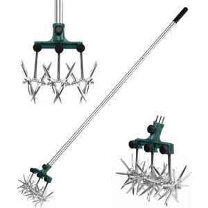 Rotary Cultivator Garden Rotary Tiller Adjustable Stainless Steel Poles Hand Tiller for Soil Mixing or Reseeding Grass Lawn Tiller Total Length 57 Inch (green)