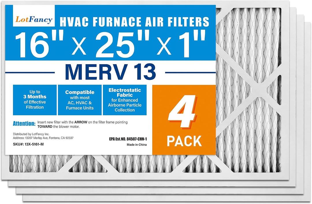 LotFancy 16x25x1 Air Filter MERV 13 4-Pack, Actual Size: 15.75"x24.75"x0.75", Electrostatic Pleated HVAC Furnace Air Filter, Captures Pet Dander Smog Smoke