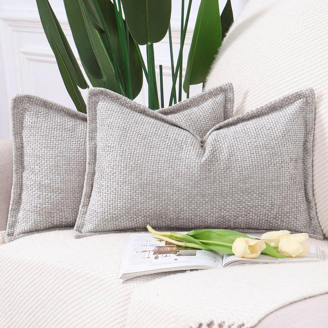 Decorative Chenille Velvet Throw Pillow Covers Set of 2 Soft Boho Textured Neutral Couch Throw Pillow for Bed Modern Farmhouse Home Decor for Sofa Livingroom Oatmeal 12x20 Inch