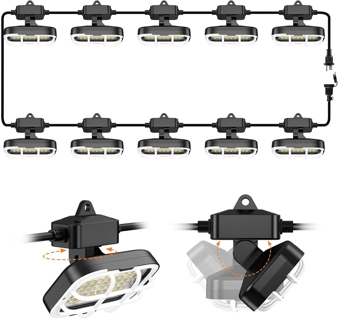 100ft LED Construction String Lights, Super Bright 15000lm 150w Adjust 90&180 Degrees On Both Sides Waterproof IP66 Led String Work Lights, Construction Temporary Lights (100ft-Adjustable 10lights).