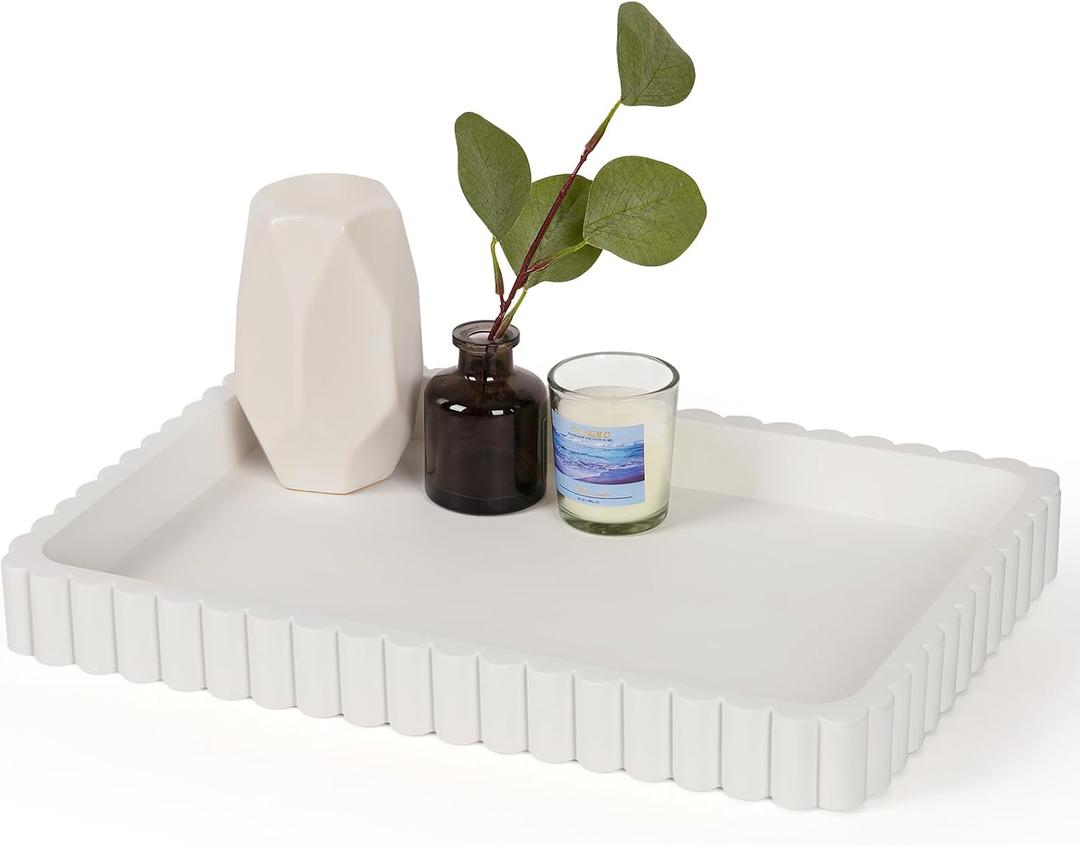 Concrete Decorative Tray for Coffee Table Decor, 14" Coffee Table Tray Ottoman Tray Table Centerpieces, Rectangular Modern Decorative Trays for Home Decor, Living Room, Entry, White