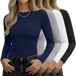 Ficerd 4 Pack Women's Long Sleeve Crop Tops Fitted Crew Neck Tight Shirts Casual Cotton Basic Y2k Going Out Stretchy Tees (Large, Navy Blue, Light Gray, White, Black)