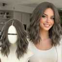 AISI HAIR Smoky Taupe Brown Wigs for Women - Shoulder Length Wave Wig with Pre-Cut Lace Hairline, Middle Part Natural Wavy Bob Synthetic Heat Resistant Fiber for Daily and Party
