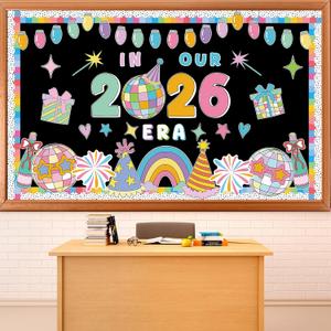 Groovy New Year Disco Ball Bulletin Board Decorations in Our 2026 Era Classroom Paper Cutouts Colorful 2026 New Year Party Decor for Holiday School Classroom Chalkboard Wall Decor Teacher Supplies