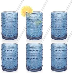 Large Hobnail Drinking Glasses Set of 6, 15oz Blue Vintage Glassware, Embossed Glass Cups, Water Tumbler, Highball Glasses For Beer, Juice And Various Mixed Drinks