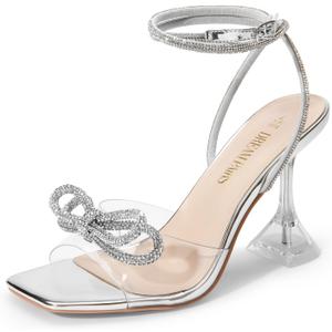 DREAM PAIRS Stiletto Bow Heels for Women Strappy Sparkly Rhinestone Square Toe Clear Crystal High Sandals for Party Wedding (9, Silver)