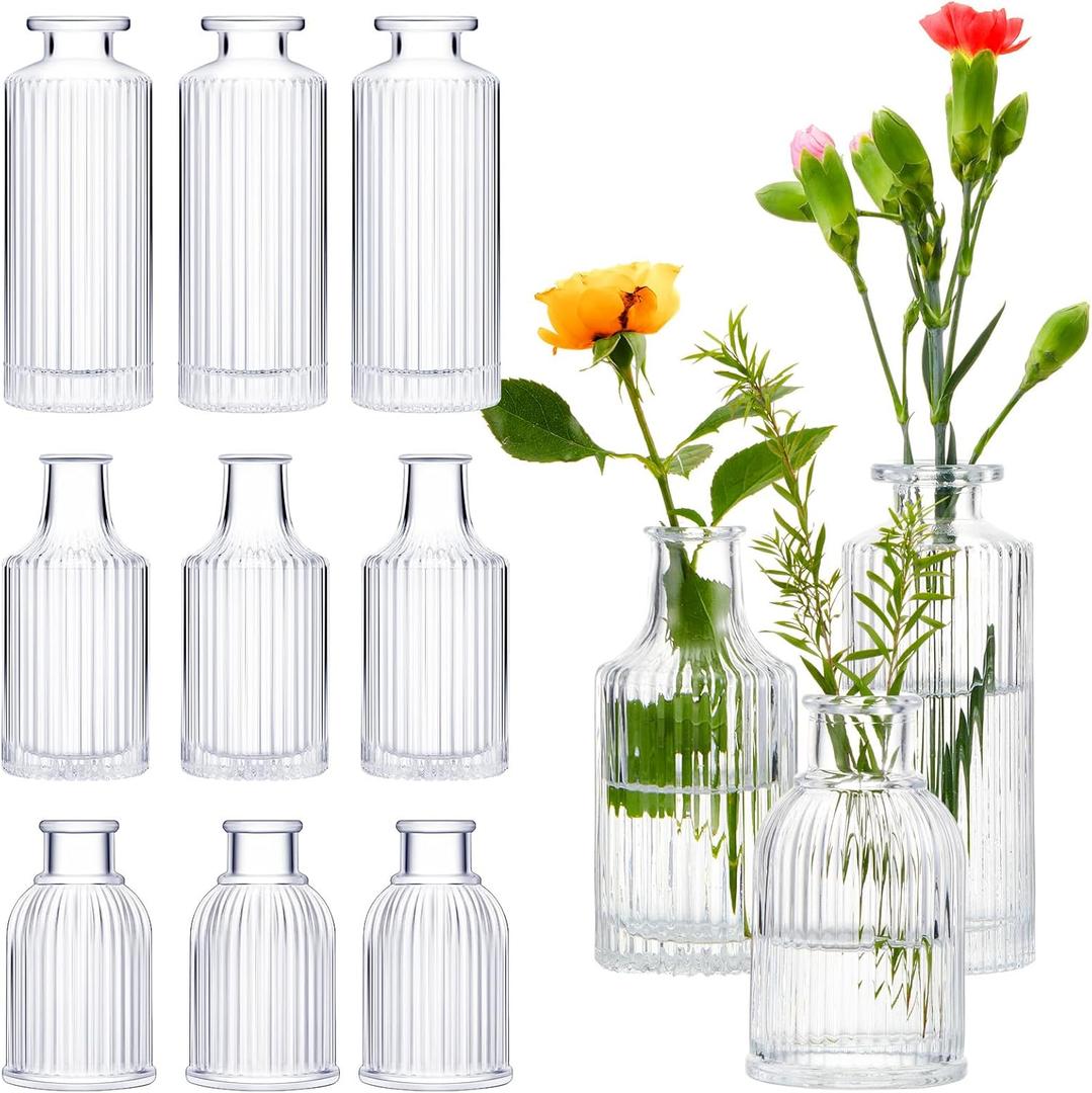 12 Sets Mini Small Vases for Flowers Bulk Glass Ribbed Bud Vases Set for Centerpiece Table Decorative Wedding Reception, Housewarming Gift Holiday Christmas