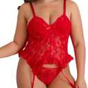 Plus Size Lingerie for Curvy Women Lace Corset with Adjustable Straps and Garter Details Sleepwear (XX-Large, Red)