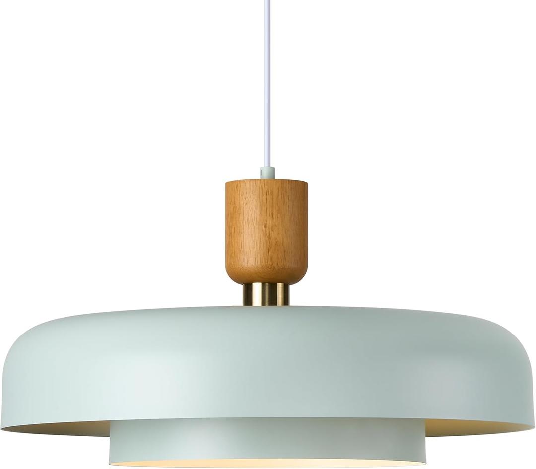Mid Century Chandelier 19.68 inch, 2 Tiers Light Blue Shade, Natural Wood and Brass Accent, Large Pendant Lights for Kitchen Island, Dining Room, Living Room
