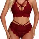 Namifin Women Lingerie Set Lace Bralette and Panty Set Strappy Lace Lingerie (Small, Dark Red)