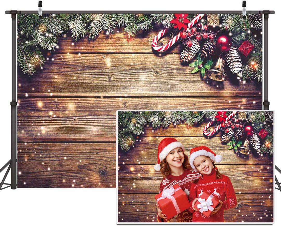 7x5ft Christmas Backdrop Snowflake Gold Glitter Christmas Wood Wall Photography Backdrop Xmas Rustic Barn Vintage Wooden Floor Background for Kids Portrait Photo Studio Booth