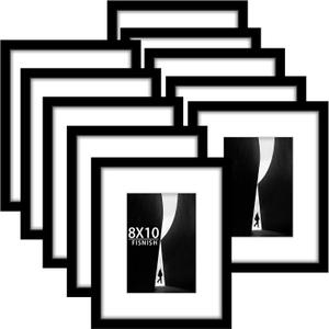 8x10 Picture Frame Sef of 10, Display Pictures 5x7 with Mat or 8 x 10 Without Mat, Photo Frame Collage for Wall Gallery Decor, Hanging or Tabletop Display, Black
