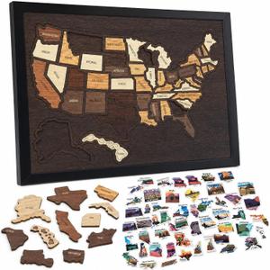 Wooden USA Travel Map, 12x10, Puzzle United States Journey Tracker Maps with 51PCS US States Stickers, Rv Vacations Home Classroom Wall Art Home Decor for Couple Family