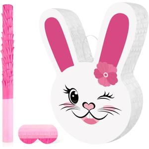 Easter Bunny Piata with Stick Blindfold Easter Sunday Celebration Bunny Theme Party Decoration for Girls Kids 1st Birthday Funny Cute Egg Theme Party Dcor (15.4"x12.6" x 3")