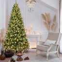 7FT Prelit Christmas Tree, Premium Artificial Christmas Tree with 400 Lights and 1072 Branch Tips, Memory Wire Pre Lit Hinged Xmas Tree with Metal Base for Home, Holiday, Party Decoration