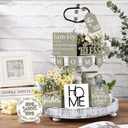 FairySandy 11 Pcs Home Tiered Tray Decor Spring Rustic Farmhouse Tiered Tray Decorations Set Sage Green Wooden Home Sign Vintage Farm Animal Farmhouse Tabletop Wood Sign for Kitchen Table Shelf Decor