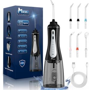 Water Dental Flosser Oral Irrigator with 5 Modes, 350ml Cordless Water Teeth Cleaner Pick 6 Tips, IPX7 Waterproof Rechargeable Portable Powerful Battery for Travel & Home Braces & Bridges Care (Black)