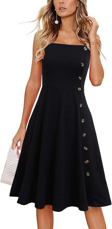 Liyinxi Women's Casual Summer Beach Flattering Flowy A-Line Spaghetti Straps Solid Cotton Button Down Midi Sundress, L