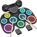 Electric Drum Set with 7-Color Dynamic LED Lights, 9-Pad Electronic Drum Set with Dual Speakers, Bluetooth MIDI, Portable Practice Drum Pad for Kids & Adult Beginners, Christmas Birthday Gift