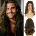 Baruisi Long Wavy Brown Wigs for Men Synthetic Layered Cosplay Party Wig
