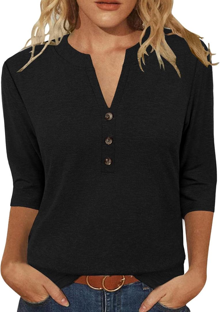 JomeDesign Womens Tops 3/4 Sleeve V Neck Shirts Dressy Casual Tunic Blouses Summer Tees (L)