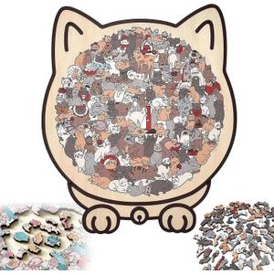 135 Piece Colored Cat Shaped Wooden Jigsaw Puzzle, Cats Shaped Wooden Puzzle, Unique Animal Shape Wood Puzzle and Acrylic Cover, Creative Gifts for Cats Lovers, Home Decor