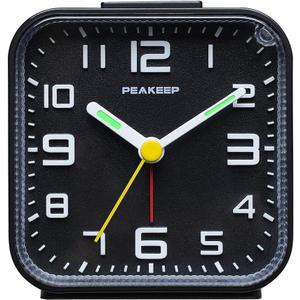 Peakeep 3D Numbers No Tick-Tock Analog Alarm Clock with Classic Beep Sound, Snooze, Manual Light and Battery Powered Small for Travel (Black-3D)