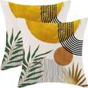 Boho Pillow Covers 16 x 16 inch Set of 2 Mid Century Green Mustard Yellow Gold Bohemian Outdoor Decorative Throw Pillow Linen Farmhouse Abstract Sunset Tropical Leaf Pillowcase for Home Couch Sofa