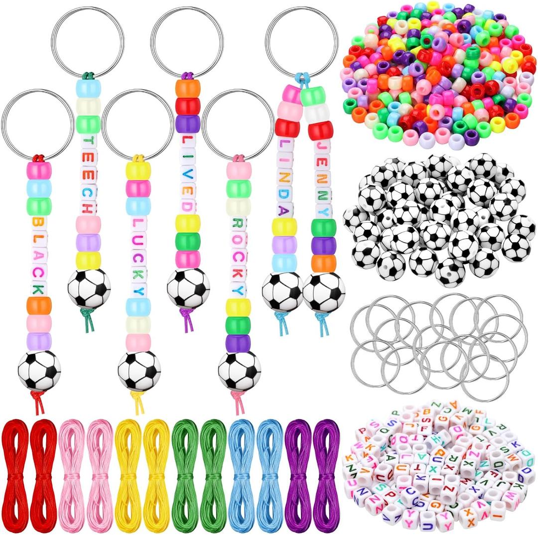 Landical 564 Pcs DIY Bead Keychain Kit Key Chain Making Craft Adjustable Letter Beads String Mama Sport Gift Alphabet Jewelry Backpack Accessories Holiday Party Favor (Soccer, Fun Color)